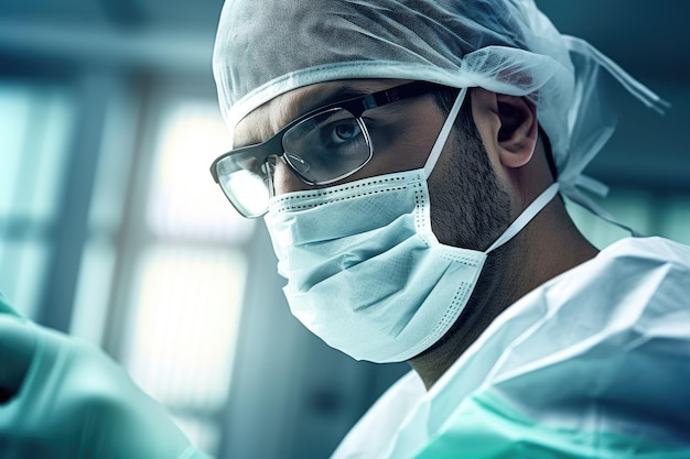 Chirurg w masce i okularach patrzy w kamerę.