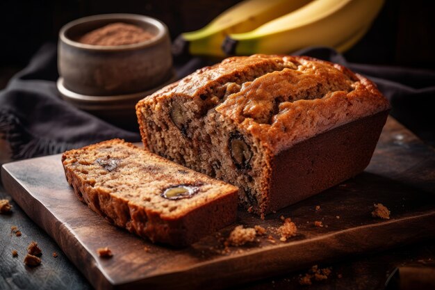 Chleb bananowy z kawałkami czekolady i wyciętym plasterkiem.