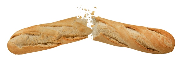 Chleb długi biały odizolowany na białym tle Chleb chrupiącej francuskiej bagietki rozbity na pół drobiny latające w różnych kierunkach Do wstawienia do projektu lub projektu