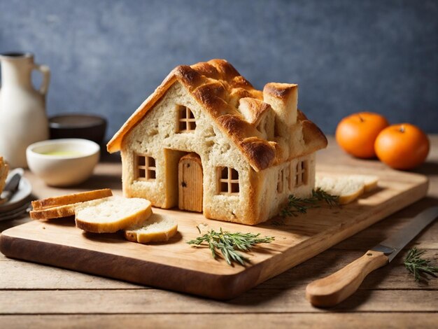 Chleb i masło w postaci domu na drewnianym tle Generatywna sztuczna inteligencja