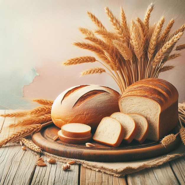Chleb i uszy pszenicy w kuchni na drewnianym stole