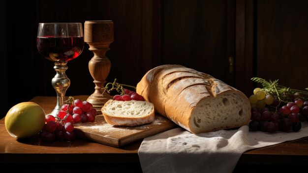 chleb i winogrona na stole
