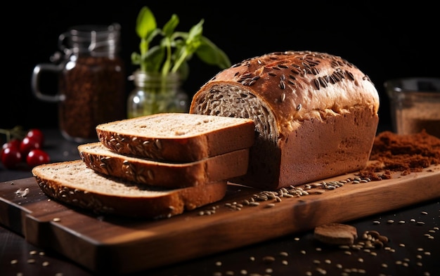 Zdjęcie chleb na czarnym tle kulinarny kontrast generative autor: ai