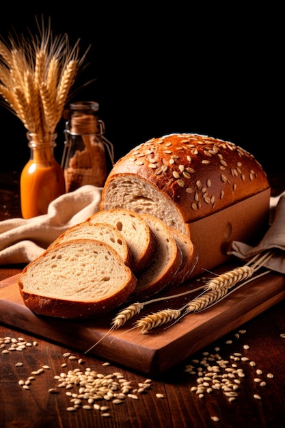 Zdjęcie chleb pełnoziarnisty pokrojony na desce generatywnej ai
