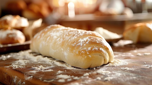Chleb umieszcza się na drewnianej desce do cięcia. Chleb wydaje się świeży i gotowy.