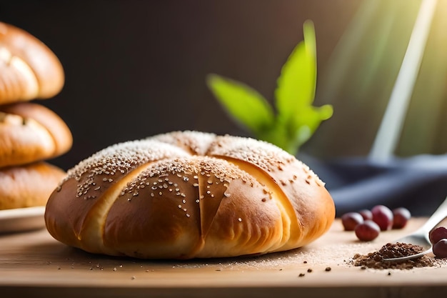 Chleb z sezamem na drewnianej desce z butelką posypki.