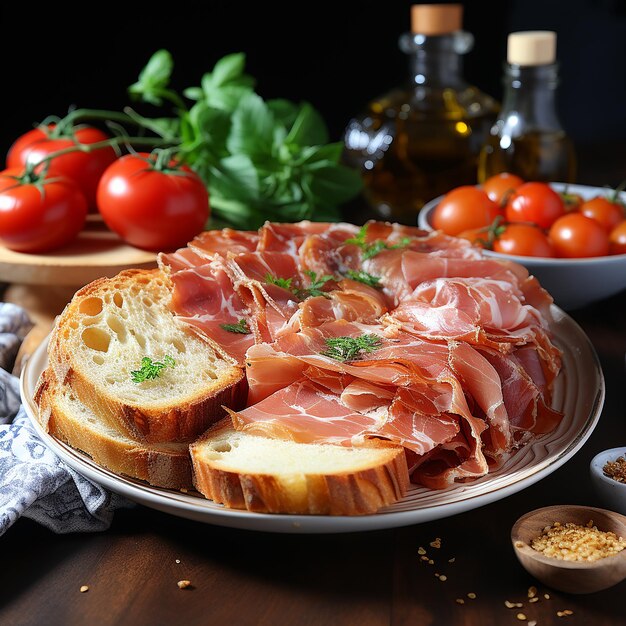 Zdjęcie chleb z szynką parmeńską i pomidorami na białym talerzu stołowym