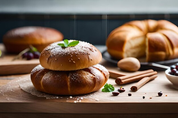 Chleby i przyprawy na desce do krojenia z bułką na wierzchu.