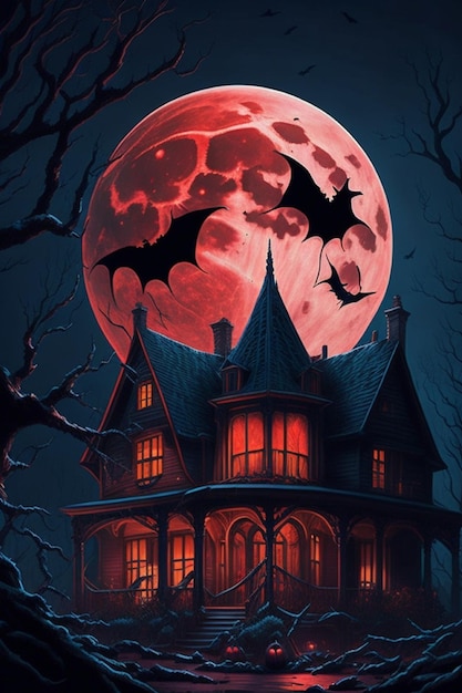 Chłodna noc, dom na Halloween w ciemności.