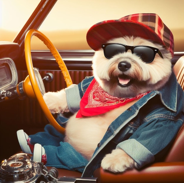 chłodny hiszpański gangster labradoodle pies jazda lowrider retro samochód antropomorficzny zabawny bohater