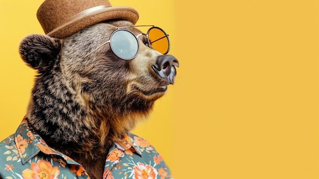 Zdjęcie chłodny niedźwiedź w kapeluszu i okularach przeciwsłonecznych patrzy w inną stronę.
