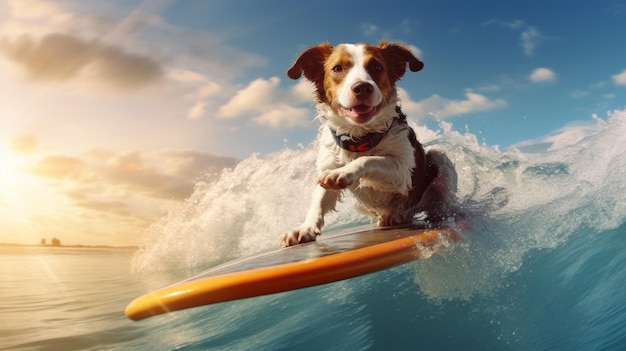 Zdjęcie chłodny pies border collie surfer surfer w okularach przeciwsłonecznych na desce na fali w oceanie miejsce dla tekstu