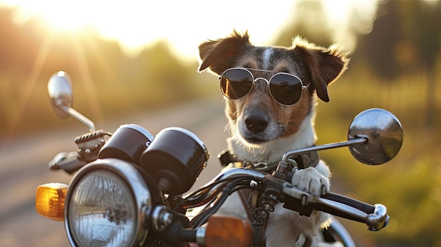 chłodny pies nosi stylowe cienie, gdy pewnie siedzi na motocyklu, obejmując swojego wewnętrznego śmiałka
