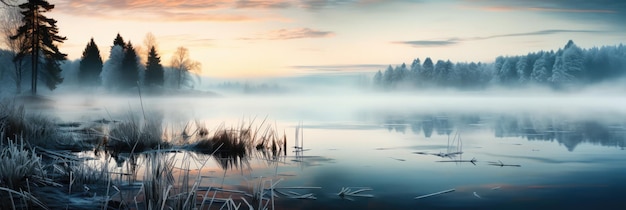 Chłodny poranek z mgłą nad spokojnym jeziorem