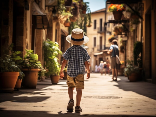 Chłopak cieszy się spokojnym spacerem po tętniących życiem ulicach miasta