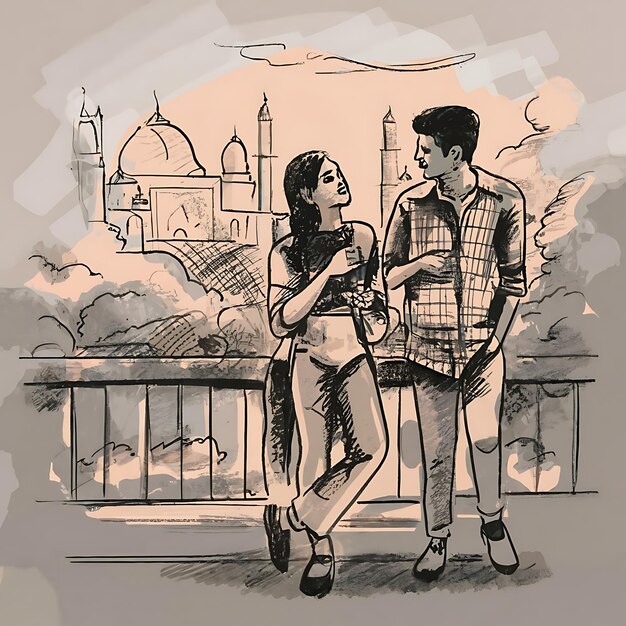 Zdjęcie chłopak z dziewczyną rozmawiają razem szkic art ilustracja kultura bengalska