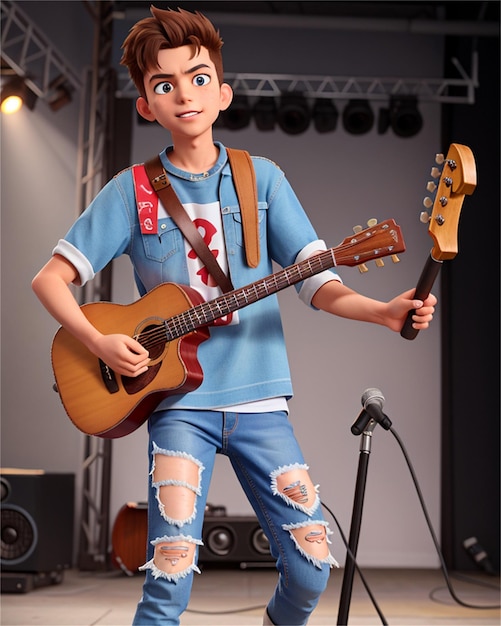 Chłopak z rozerwanymi dżinsami i gitarą.
