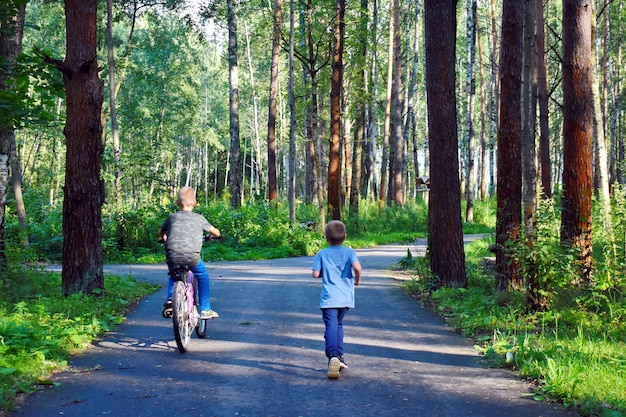 Chłopcy chodzą po lesie