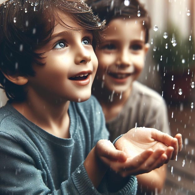 Chłopcy i woda deszczowa bawią się Dzień Dzieci