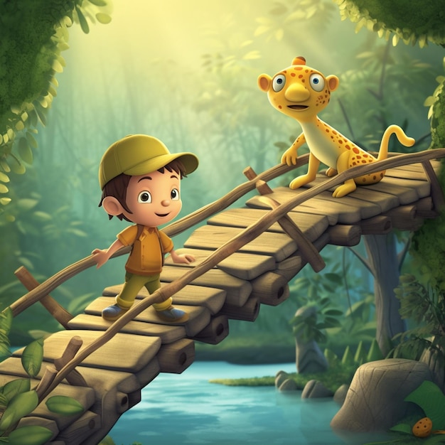 Chłopiec animowany w obrazie ilustracji lasu