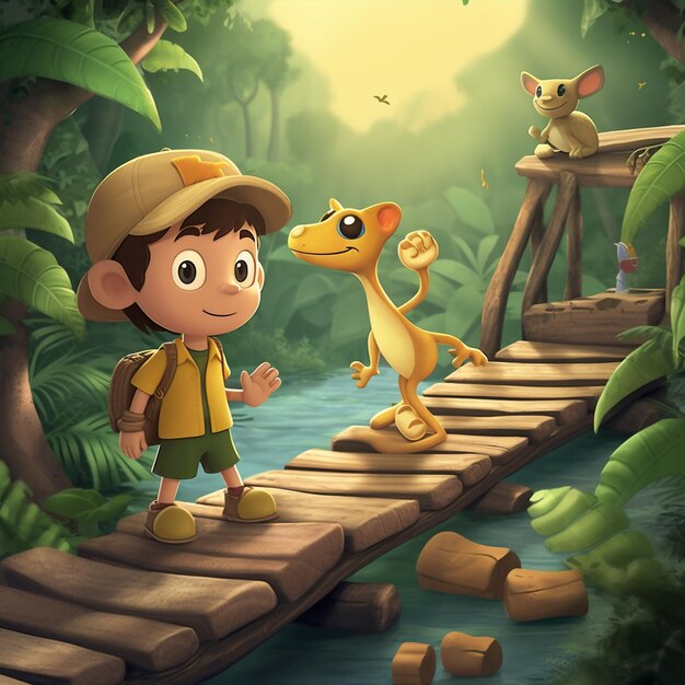 Chłopiec animowany w obrazie ilustracji lasu