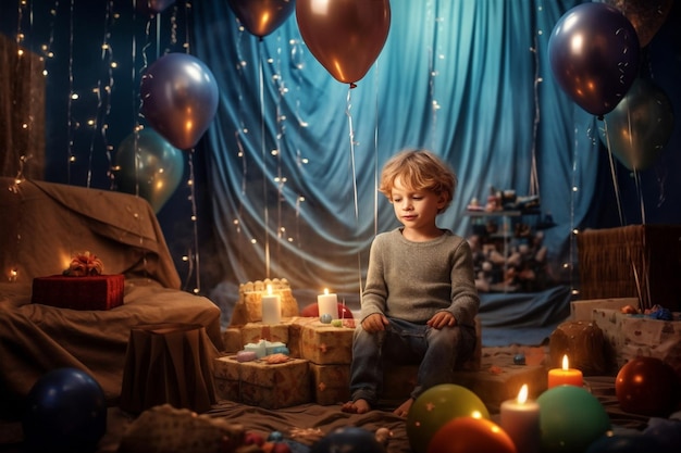 Chłopiec balon dziecko małe dzieci niebieska impreza dzieciństwo urodziny uroczy generatywna sztuczna inteligencja