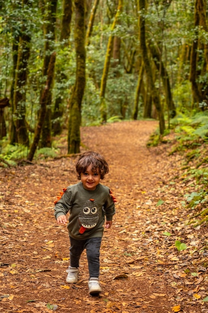 Chłopiec Bawiący Się Na Szlaku W Wiecznie Zielonym Lesie Chmurowym Parku Narodowego Garajonay La Gomera Wyspy Kanaryjskie Hiszpania