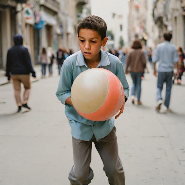 Chłopiec bawiący się piłką na ulicach