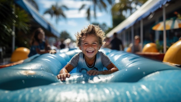 Chłopiec bawiący się w niebieskim nadmuchiwanym basenie w słoneczny dzień na letnim patio
