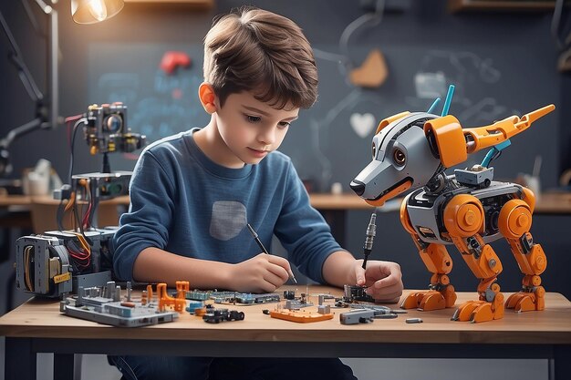 Chłopiec budujący robota, pies z śrubokrętem, inżynieria dla dzieci, chłopiec bawiący się interaktywną zabawką