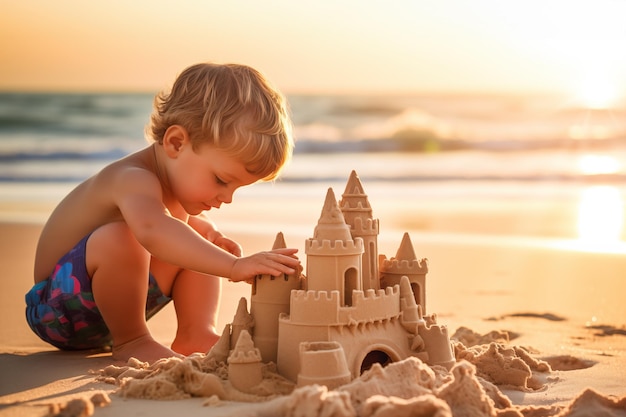 Zdjęcie chłopiec buduje zamki z piasku na plaży