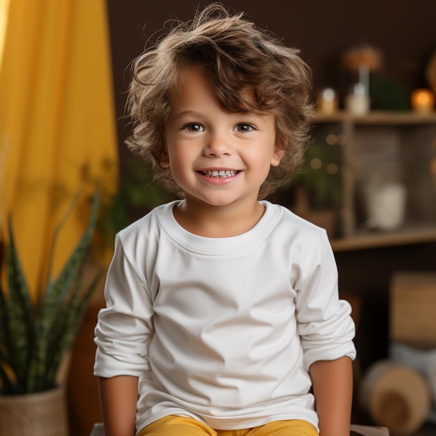 Chłopiec chłopiec ubrany w makietę białej koszuli na żółtym tle