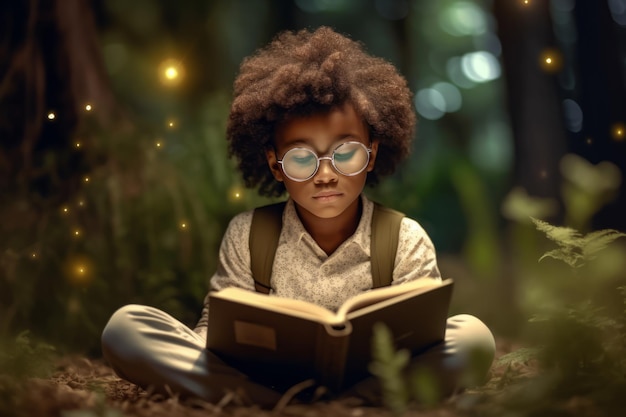 Chłopiec czyta książkę ze światłami w tle