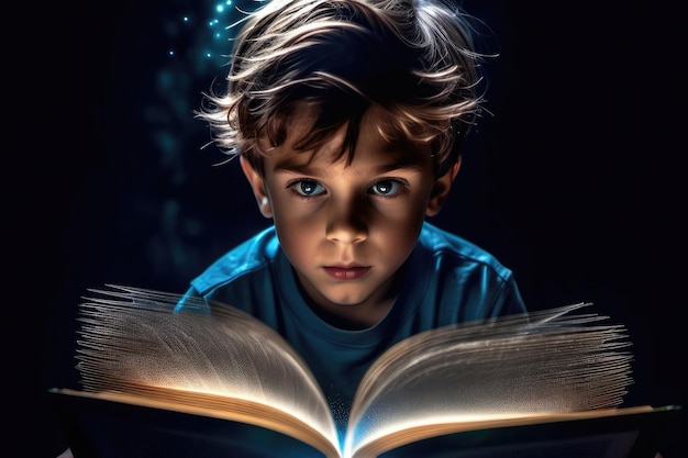 Chłopiec czyta otwartą dużą książkę w ciemnym świetle z książki źródło wiedzy mądre dziecko dąży do