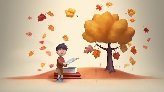 Chłopiec czytający książkę pod jesiennym drzewem na ilustracji 2D Grafika przedstawia koncepcje edukacji, inspiracji wyobraźnią, kreatywnością i naturą, z liśćmi otaczającymi scenę