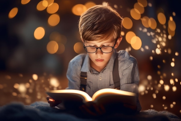 Chłopiec czytający książkę ze świecącym światłem w tle