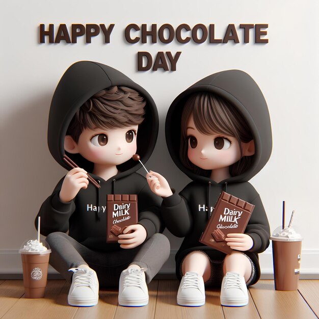 Zdjęcie chłopiec daje czekoladę z mlekiem swojej dziewczynie i szczęśliwy dzień czekolady