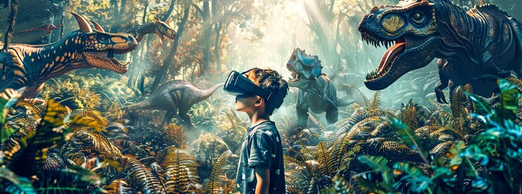 Zdjęcie chłopiec doświadczający dinozaurów przez okulary wirtualnej rzeczywistości