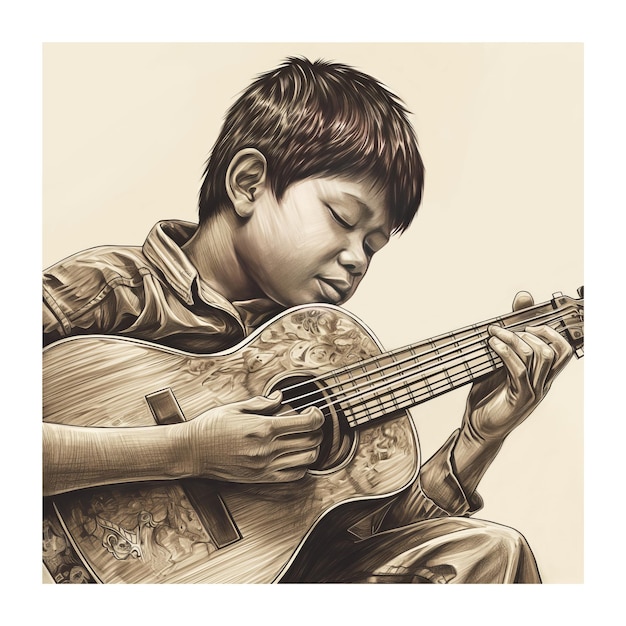 Chłopiec grający na gitarze akustycznej