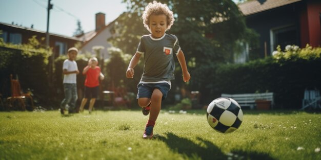 Chłopiec grający w piłkę nożną na podwórku Generatywna sztuczna inteligencja