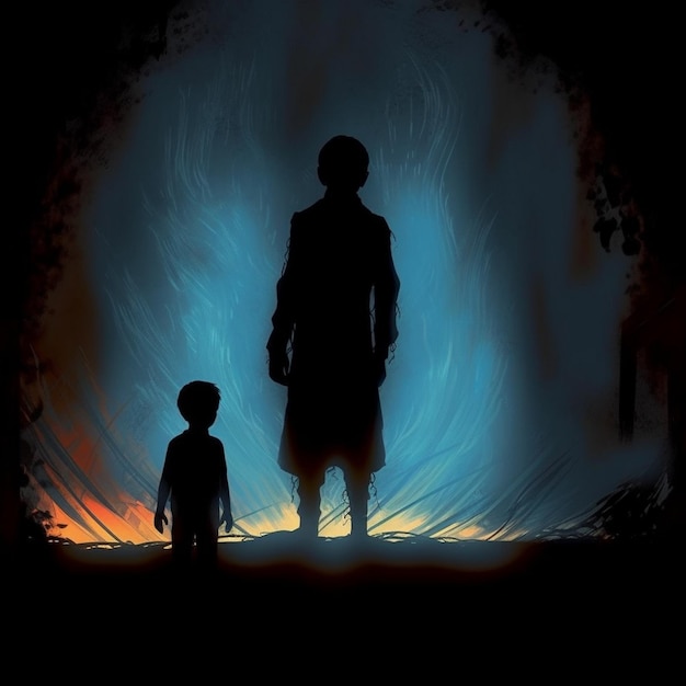 Chłopiec i cień potwór horror ilustracja