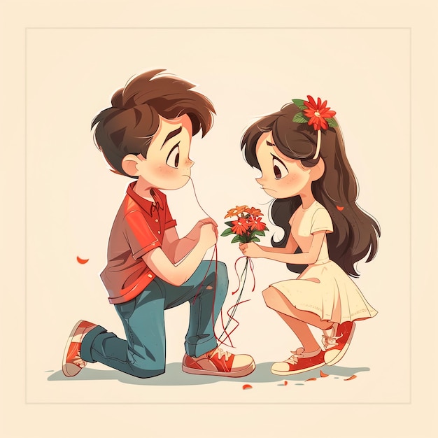 Chłopiec i dziewczyna bawią się bukietem kwiatów.