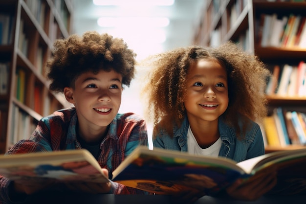 Chłopiec i dziewczyna czytają książkę w bibliotece.