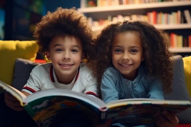 Chłopiec i dziewczyna czytają książkę w bibliotece.