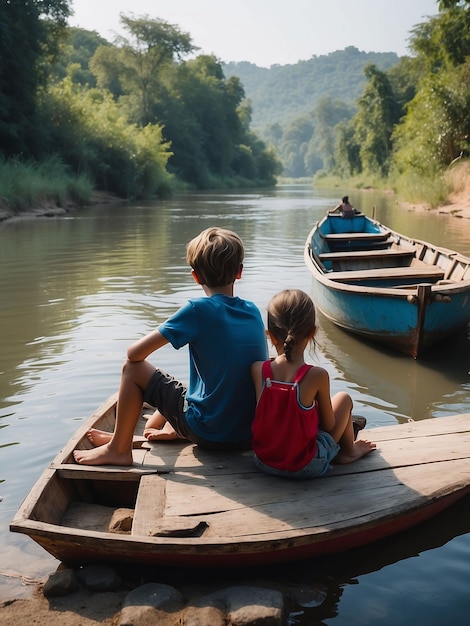 Chłopiec i dziewczyna siedzą między łodziami w rzece.