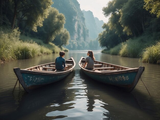 Zdjęcie chłopiec i dziewczyna siedzą między łodziami w rzece.