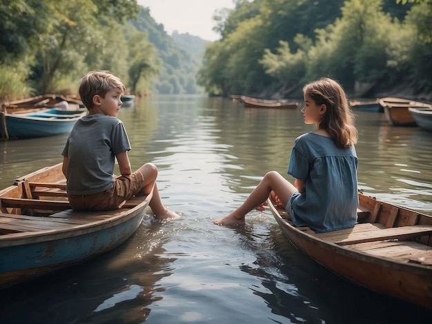 Chłopiec i dziewczyna siedzą między łodziami w rzece.