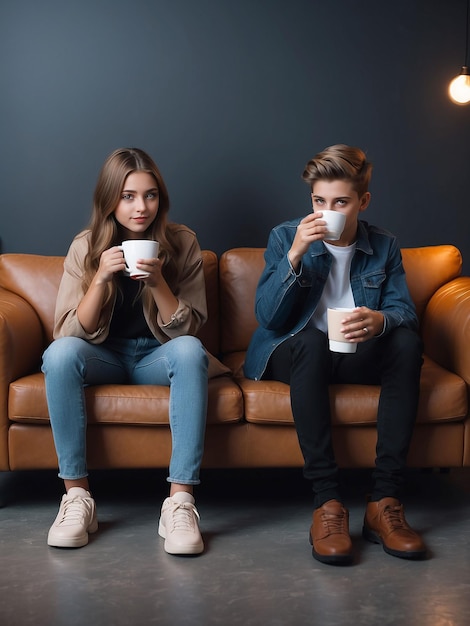 Chłopiec i dziewczyna siedzą z kawą w ręku.