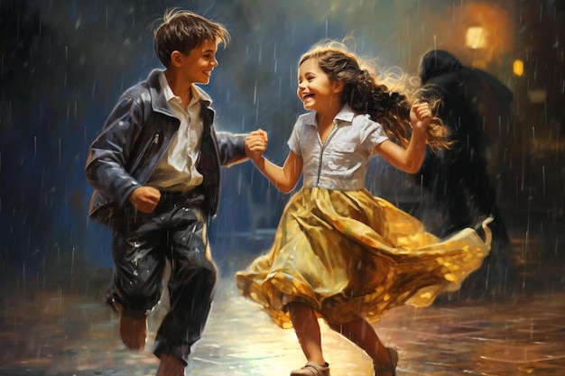 Chłopiec i dziewczyna tańczący w deszczu.