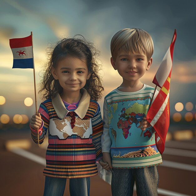 Chłopiec i dziewczyna trzymający flagę i dziewczynka trzymająca flagę